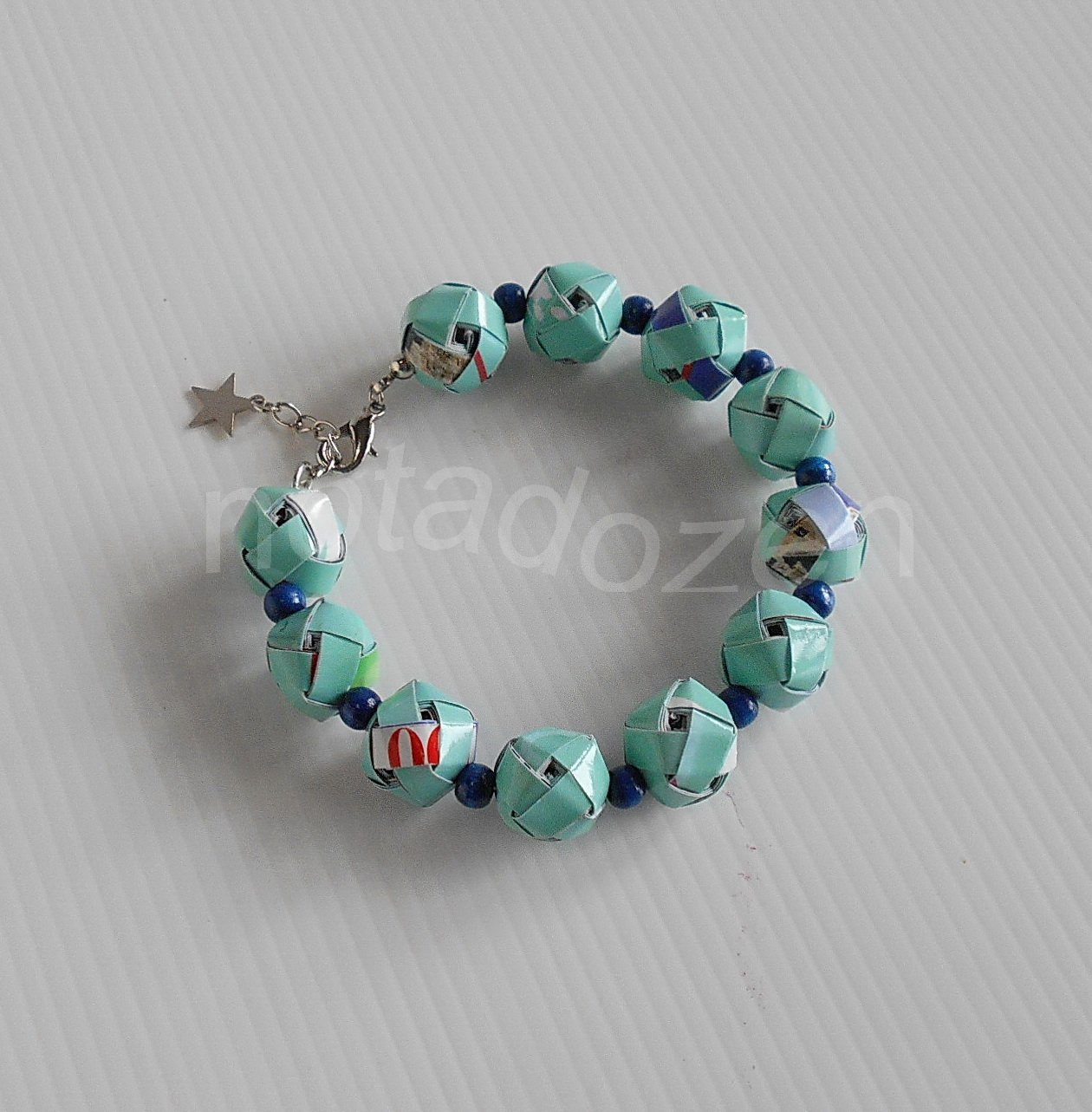 Upcycled bluish green woven paper ball and blue wooden beads Bracelet #6- Handmade Jewelry