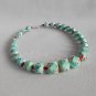 Upcycled bluish green woven paper beads and red wooden beads necklace 18 inches #1-Handmade jewelry