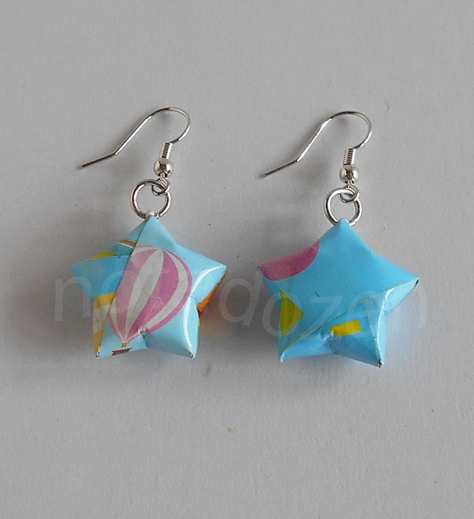 1 pair of handmade Upcycled light blue Origami Star paper beads dangle&drop earrings #12