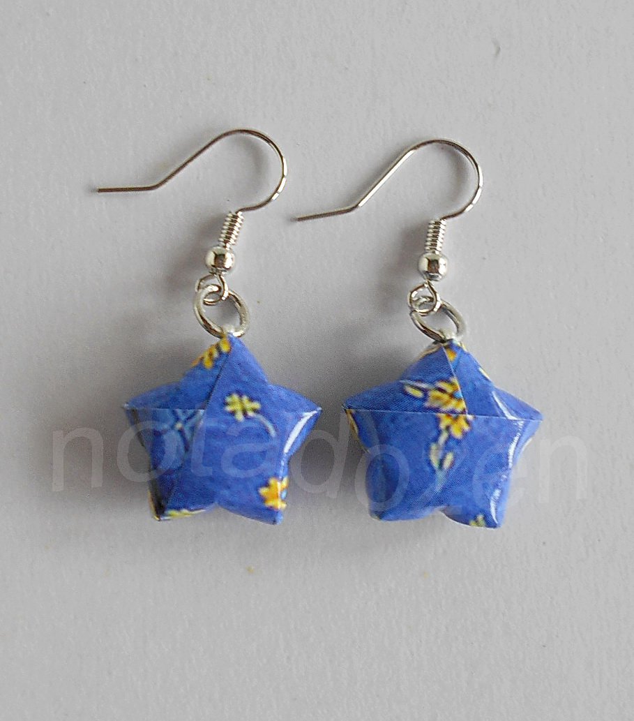 1 pair of handmade Upcycled blue Origami Star paper beads dangle&drop earrings #14
