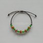 Upcycled red paper beads and green wooden beads sliding leather cord bracelet#7-handmade jewelry
