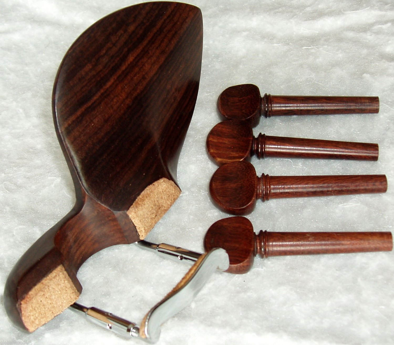 Violin Chinrest Rosewood W Chrome Plated Bracket & 4 Rosewood Pegs