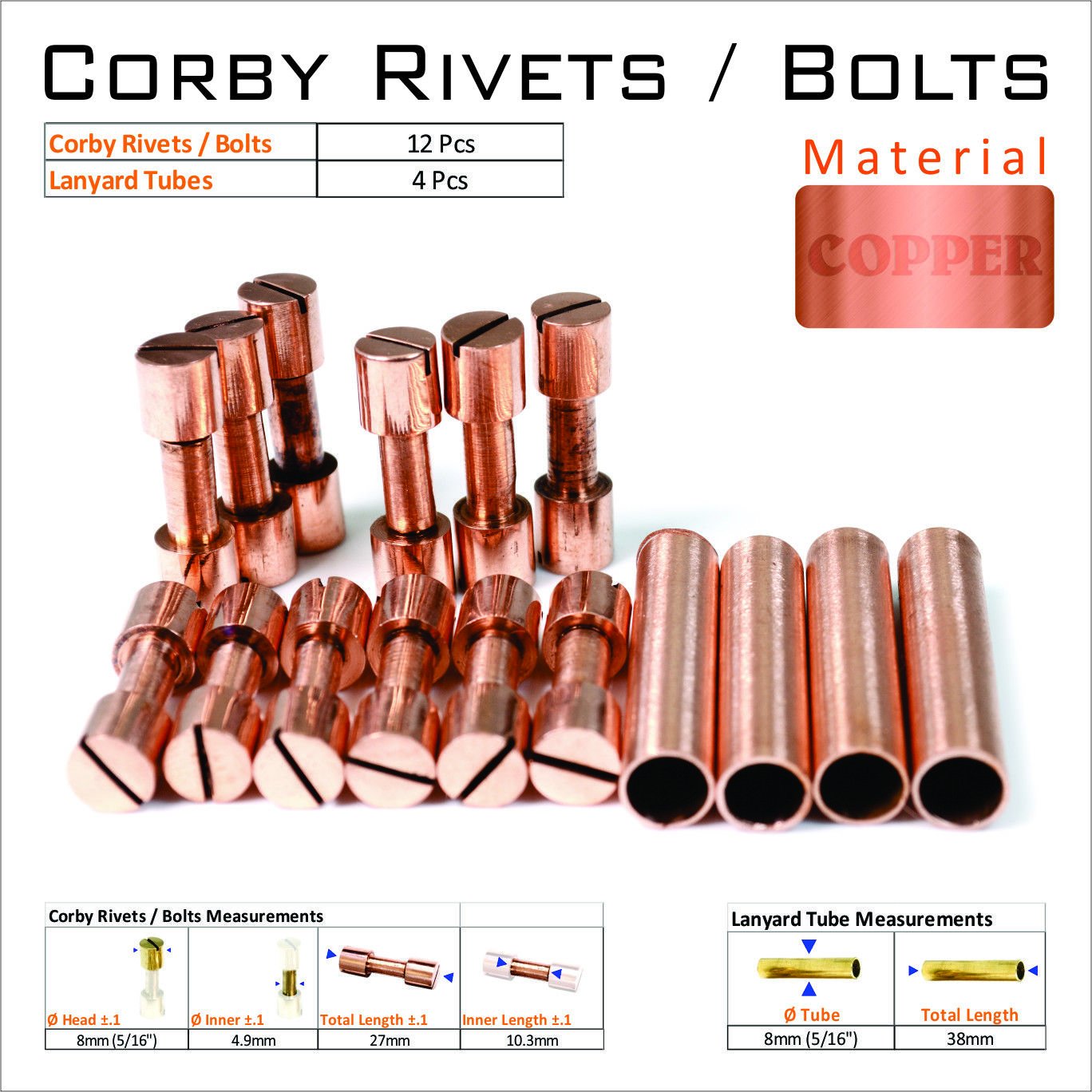 Knife Mounting Hardware 12 Copper Corby Rivets 4 Lanyard Tubes Knife