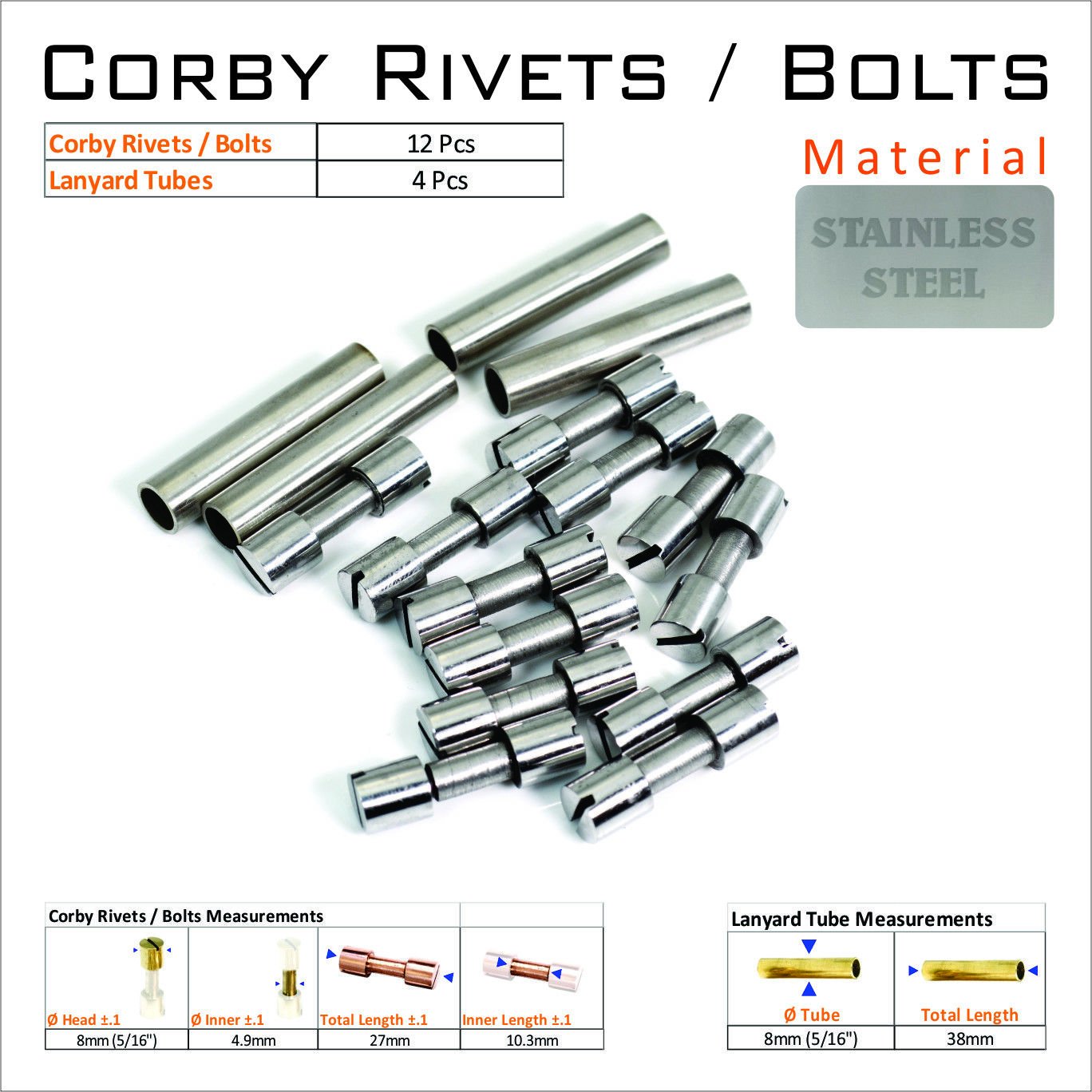 Knife Mounting Hardware 12 Steel 5/16 Rivets 4 Lanyard Tube Knife ...