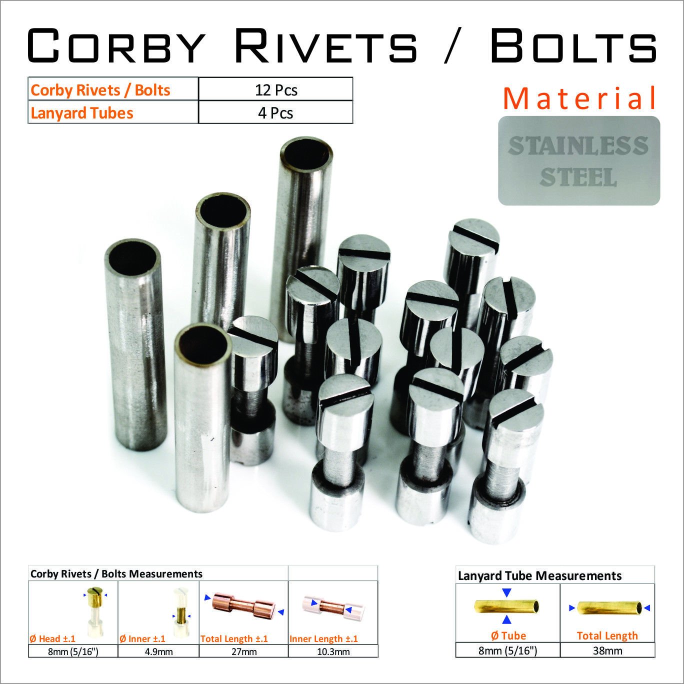 Knife Mounting Hardware 12 Steel 5/16 Rivets 4 Lanyard Tube Knife ...