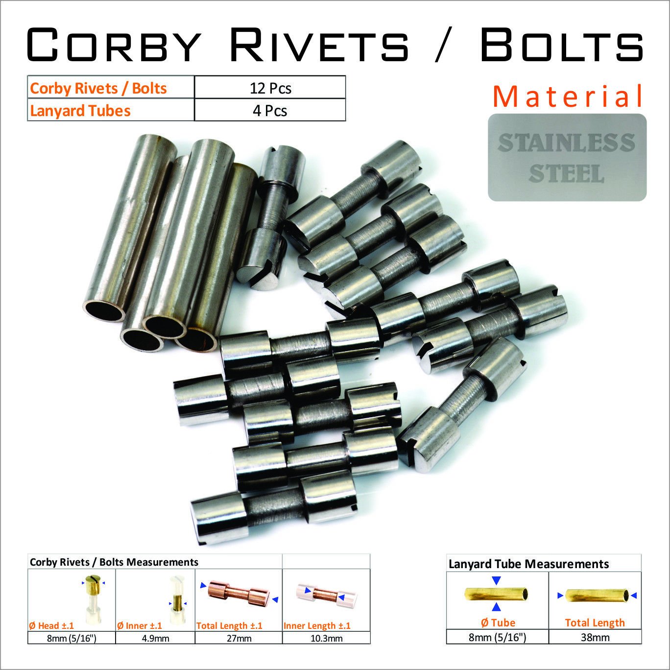 Knife Mounting Hardware 12 Steel 5/16 Rivets 4 Lanyard Tube Knife