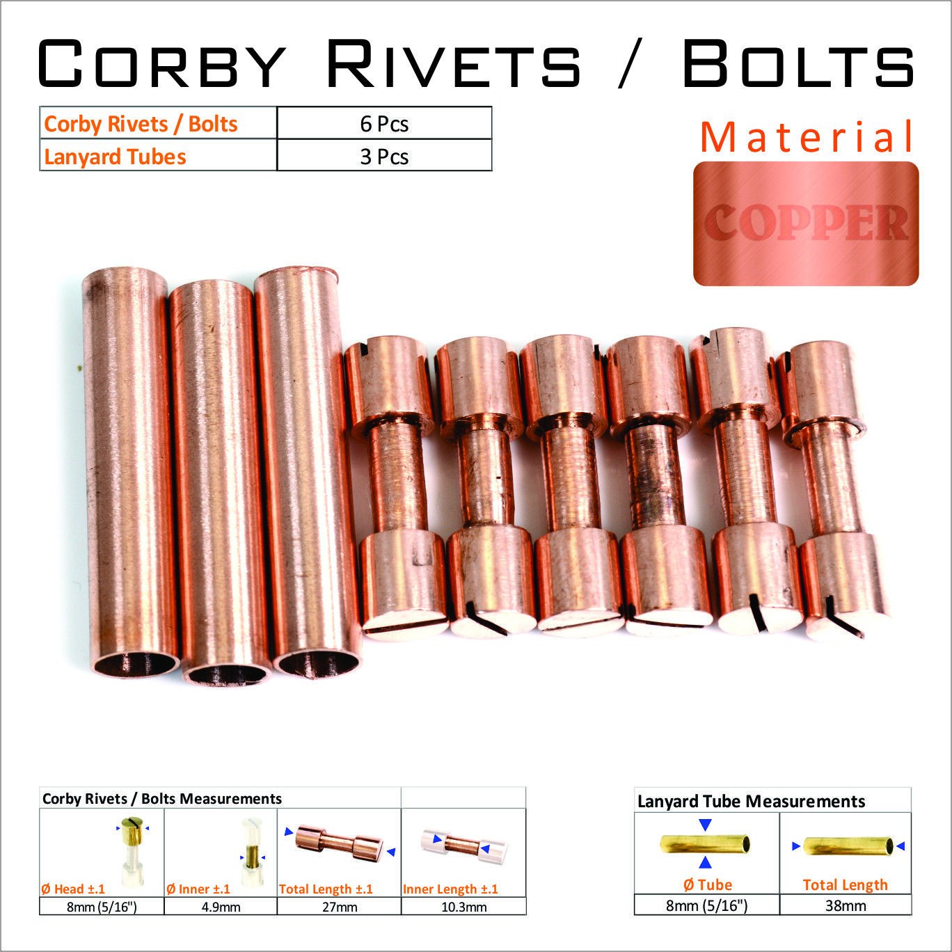 Knife Mounting Hardware 6 Copper Corby Rivets 3 Lanyard Tube Knife