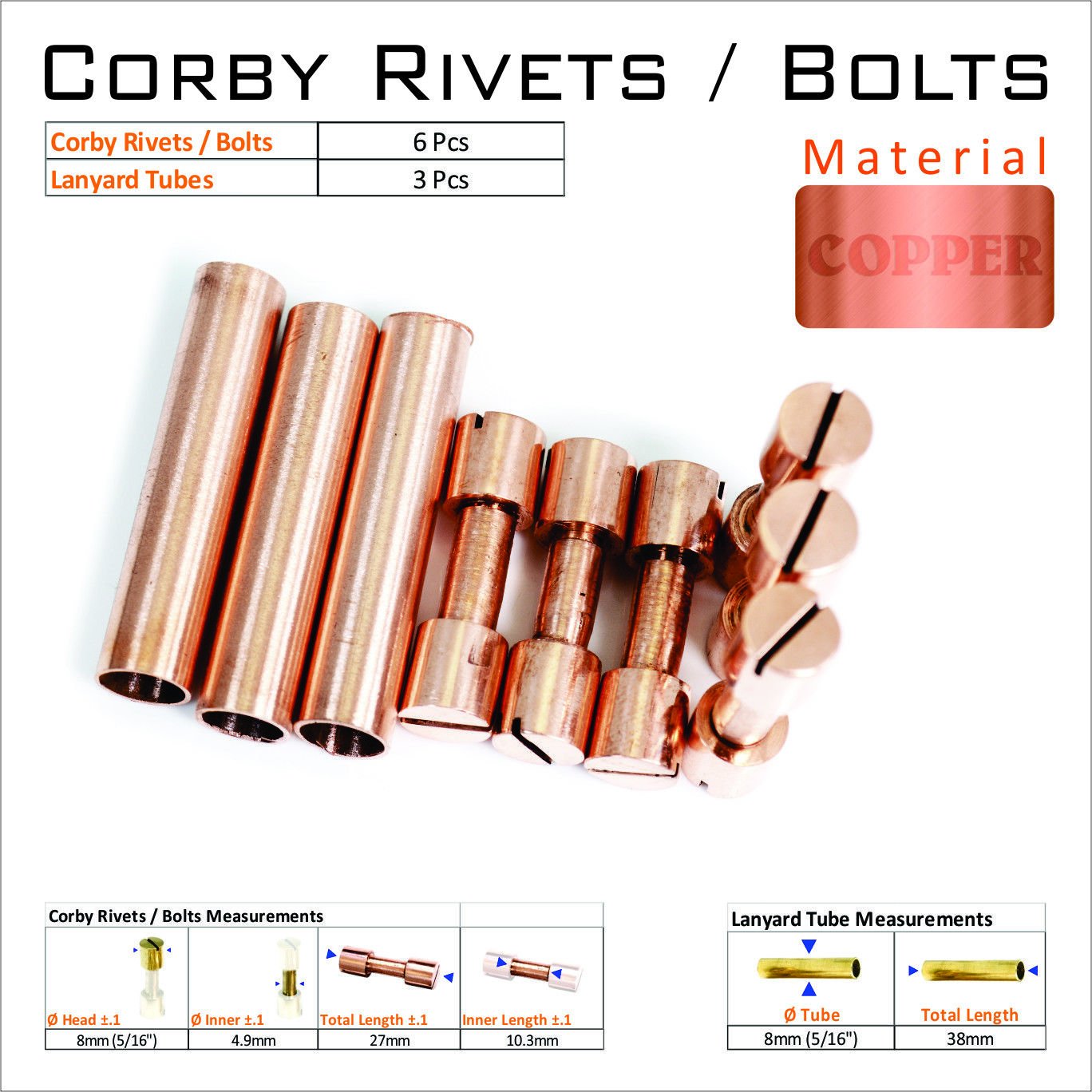 Knife Mounting Hardware 6 Copper Corby Rivets 3 Lanyard Tube Knife