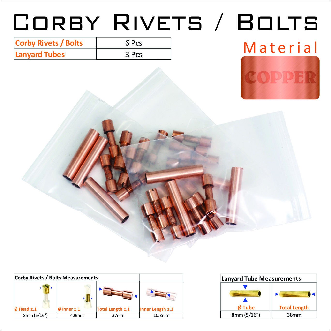 Knife Mounting Hardware 6 Copper Corby Rivets 3 Lanyard Tube Knife