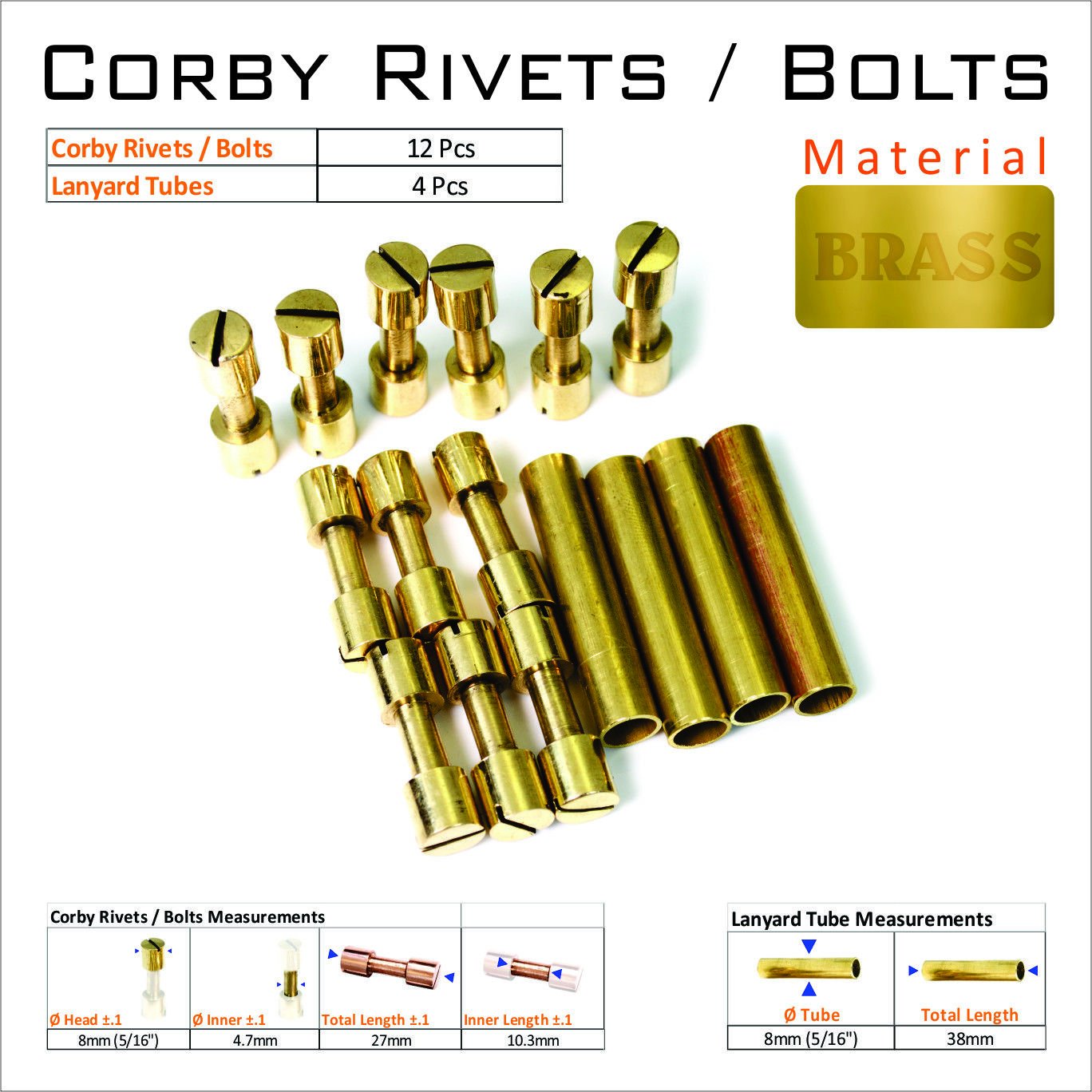 Knife Mounting Rivets 12 Brass 5/16” Corby Rivets & 4 Lanyard Tubes