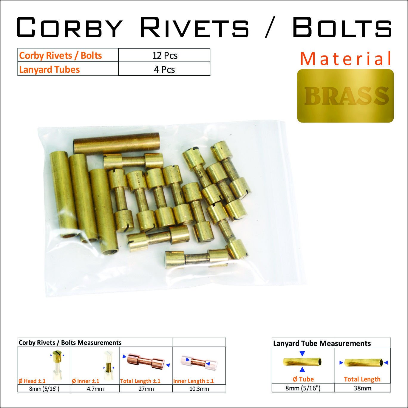 Knife Mounting Rivets 12 Brass 5/16” Corby Rivets & 4 Lanyard Tubes