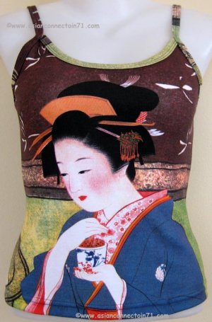 Japanese Ukiyoe Art Print Shirt Singlet TANK TOP Misses S Small GEISHA with TEA