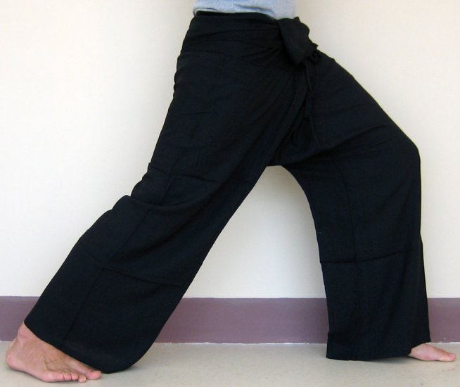 Thai Fisherman Pants Casual Asian Yoga Trousers BLACK Rayon FREESIZE