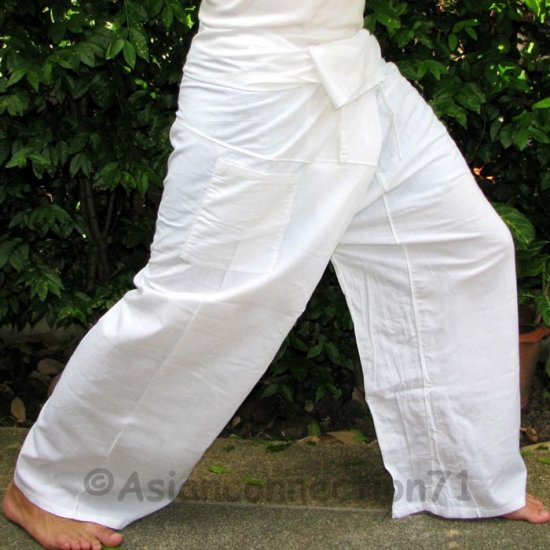 Thai Fisherman Pants Beach Dance Yoga Trousers 280 gram WHITE Cotton ...