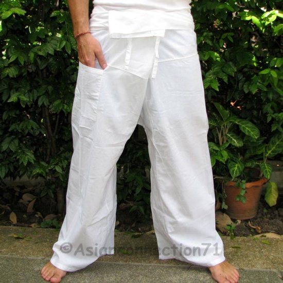 Thai Fisherman Pants Beach Dance Yoga Trousers 280 gram WHITE Cotton ...