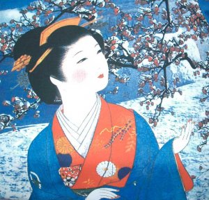 Japanese WINTER SNOW GEISHA Cap Sleeve Art Print T-shirt Misses XL