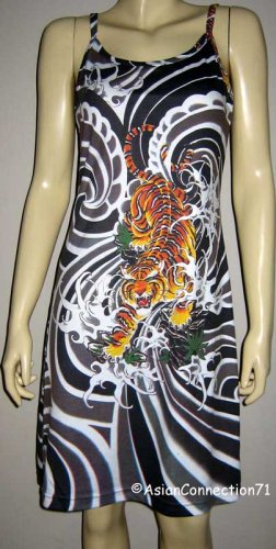 Japanese TIGER IREZUMI Tattoo Art Print Dress Misses Size S Small 4-6