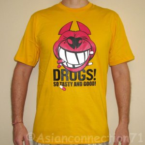 DRUGS So Tasty And Good North Dragon Japan T-Shirt L Large Yellow