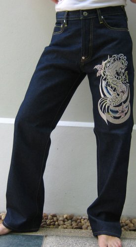 Japanese Lucky Fish Embroidered SOUL OF KOI Jeans 34x36