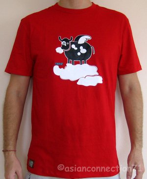 SURREAL FLYING COW CISSE Disco Party Rave T-Shirt Slim Fit Asian L Large Red BNWT