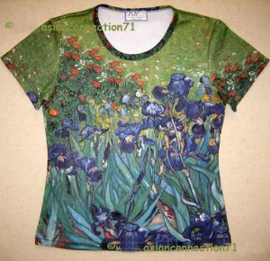 IRISES Van Gogh Cap Sleeve Hand Print Art T Shirt Misses Size S Small