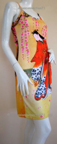 RED KIMONO Under SAKURA Japanese Art Print Dress L Large 12-14
