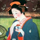 GEISHA w/ Tea Japan Hand Print Cap Sleeve Art T Shirt M