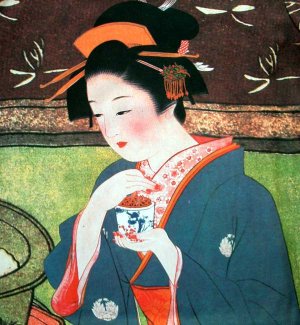 GEISHA w/ Tea Japan Hand Print Cap Sleeve Art T Shirt M