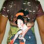 GEISHA w/ Tea Japan Hand Print Cap Sleeve Art T Shirt M