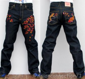 Japan AUTUMN LEAVES Embroidered Selvedge Jeans 30 x 32