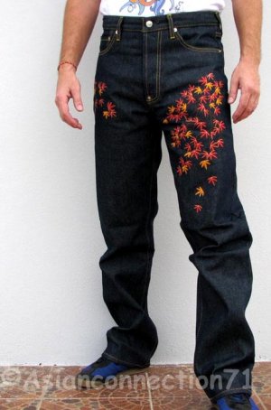 Japan AUTUMN LEAVES Embroidered Selvedge Jeans 36 x 38