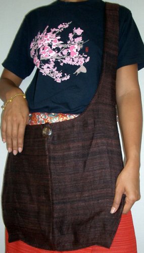 Thai Raw Silk Messenger Sling BUDDHA Bag Purse Dark Brown