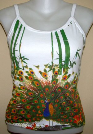 PEACOCK In Bamboo Asian Art Print Shirt TANK TOP Singlet Misses Size M Medium