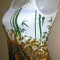 PEACOCK In Bamboo Asian Art Print Shirt TANK TOP Singlet Misses Size M Medium