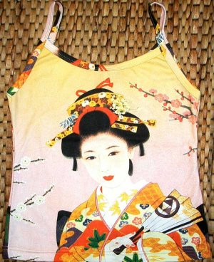 Japanese Ukiyoe Art Print Shirt Singlet TANK TOP GEISHA with SENSU Misses Size S Small