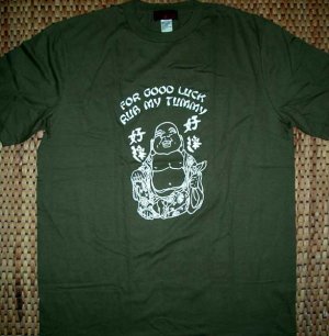 GOOD LUCK BUDDHA Rub My Tummy Fun New T-Shirt M Green