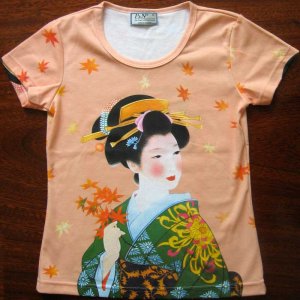 AUTUMN GEISHA Hand Print Japan Cap Sleeve Art T Shirt Misses L Large