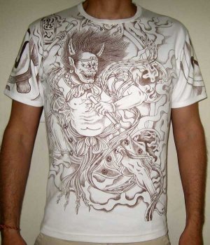 Japan RAIJIN THUNDER GOD Irezumi Tattoo Short Sleeve T Shirt XL Brown