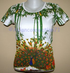 PEACOCK in Bamboo Asian Art Print T Shirt Misses M Medium Short Sleeve