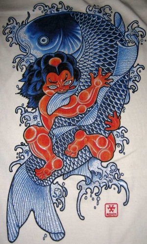 RED ONI and KOI Ronin Japan Tokyo Yakuza T-Shirt M Medium CREAM