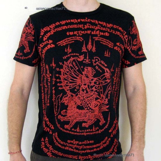 Thai HANUMAN SINGHA Magic Tattoo T-Shirt L Large Red on Black