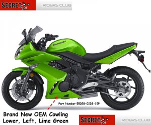Kawasaki Ninja 650R OEM Left Lower Fairing Candy Lime GREEN Part Number 55028-0238-15P 09 10 11