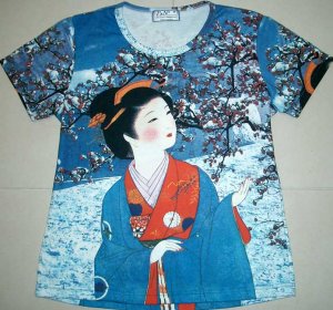 WINTER SNOW GEISHA Japan Cap Sleeve Art Print T-shirt Misses L Large