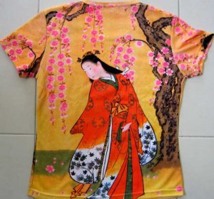 Red Kimono with Sakura Japan Art Print T Shirt Misses S Small Short Sleeve