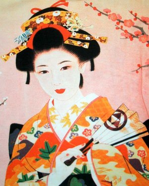 GEISHA with SENSU New Japan Ukiyoe Art Print T Shirt Misses Size L