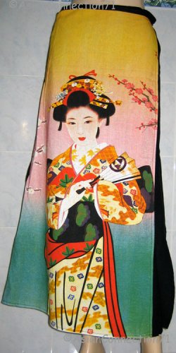 GEISHA with SENSU Japan Art Print Freesize Long Cotton Wrap Skirt S-XL