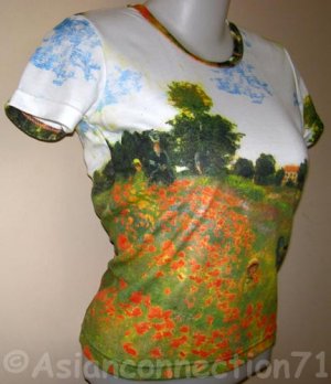 POPPIES Claude Monet Fine Art Print Cap Sleeve PN T shirt Misses Size XL