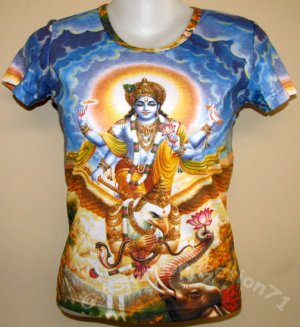 VISHNU GARUDA Gajendra Hindu Art Print T Shirt Misses L Large Short Sleeve