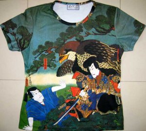 Hayabusa Samurai Japan Hand Print Ukiyoe Art T Shirt Misses M