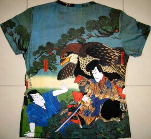 Hayabusa Samurai Japan Hand Print Ukiyoe Art T Shirt Misses L